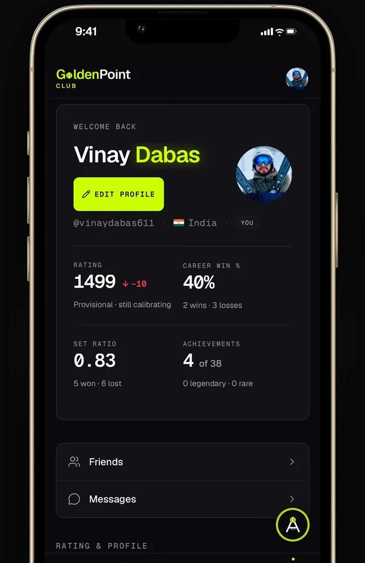 The GoldenPoint app on a phone, showing a player profile with Friends and Messages.